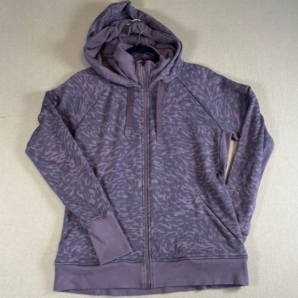 Athleta Women Purple Abstract Tiger Print Full Zip Hoodie Thumbholes Large